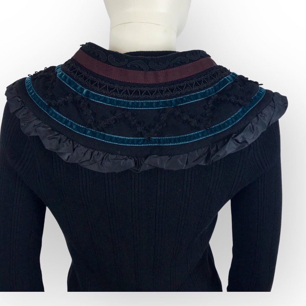 Etro Black & Teal Ruffled Cardigan Soft Angora Lace & Ribbon Detail M/44/8 - Picture 11 of 12
